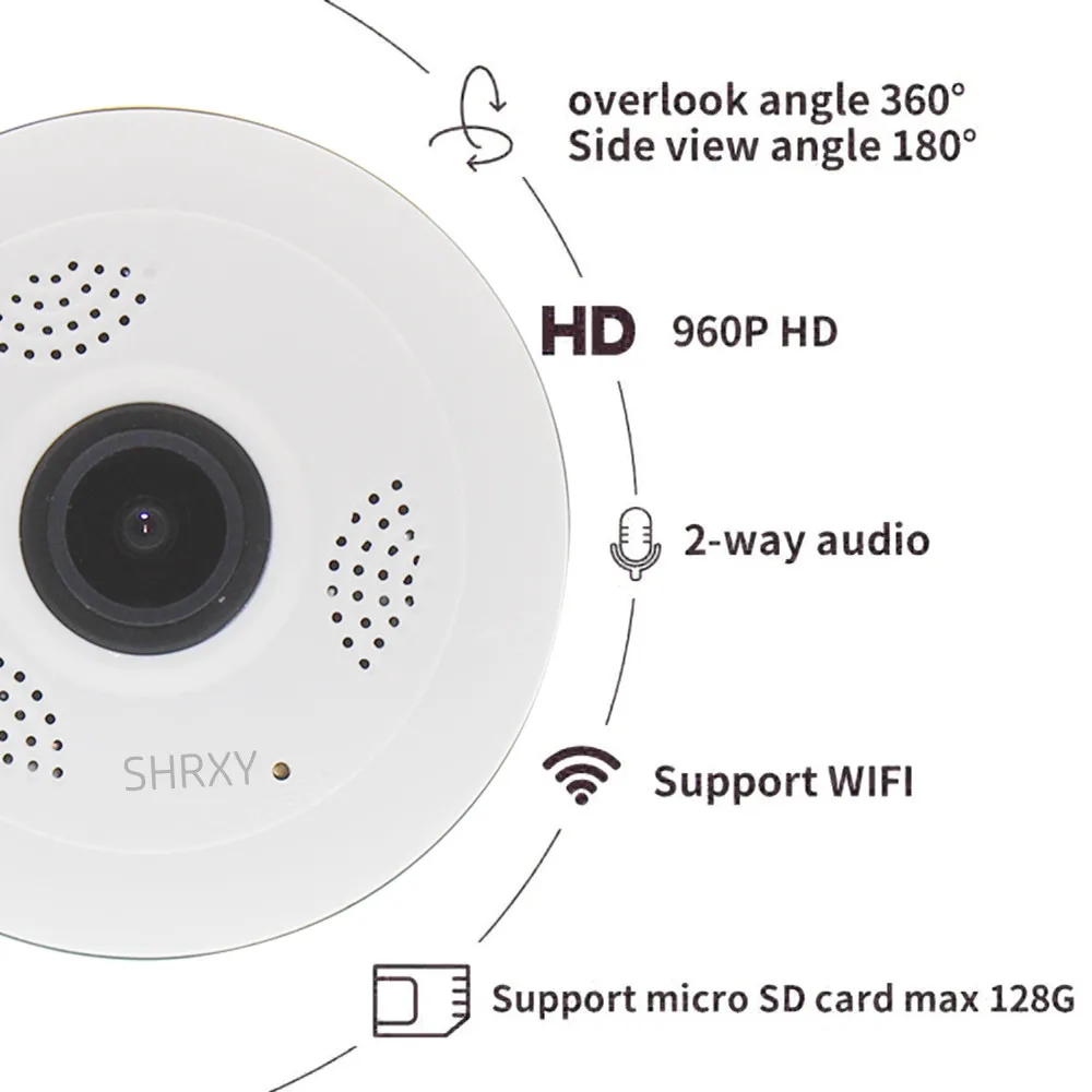 SHRXY 360 Degree Panoramic Wide Angle MINI Cctv Camera 960P HD Wireless Smart IP Camera Fisheye Home Security V380 Wifi Camera