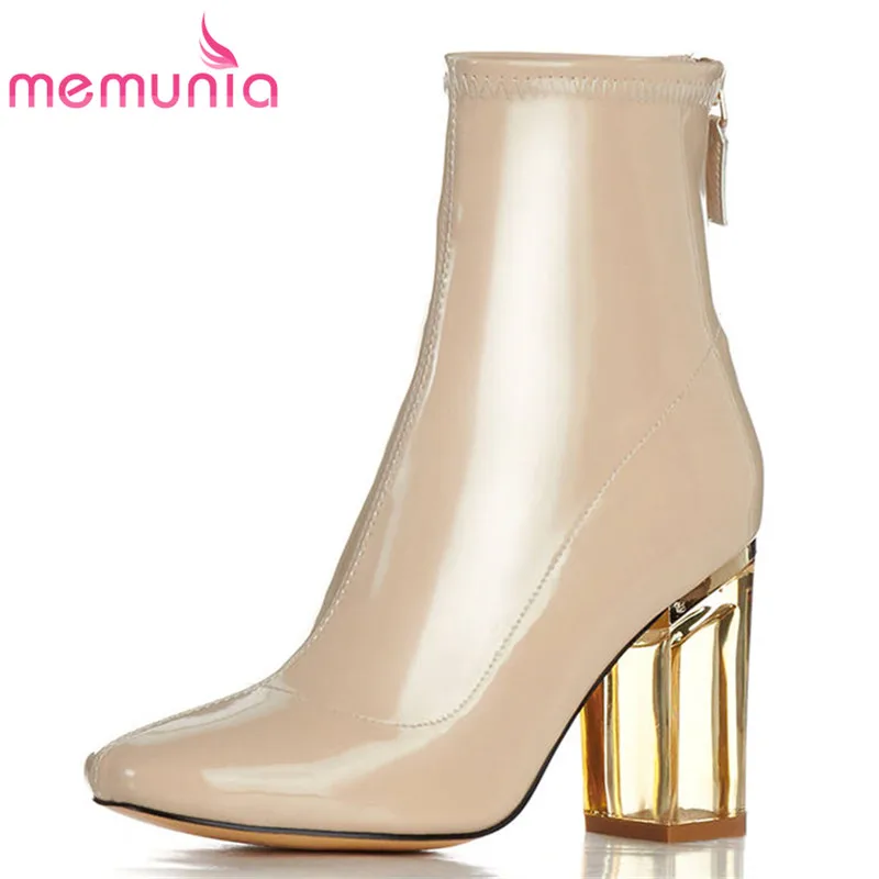 

MEMUNIA 2020 newest cow patent leather women boots round toe zipper ankle boots high heels shoes woman elegant dress shoes