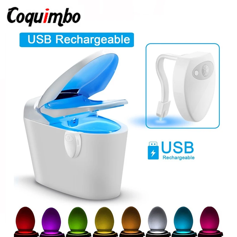 

8 Colors USB Rechargeable Bathroom Toilet Light WC Backlight For Toilet Bowl Auto Motion Sensor Night Light Led Battery Built In