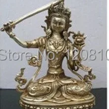 Тибетского Буддизма бронза покрытием из серебра МАНДЖУШРИ статуя будды 20 см/Скульптура EMS