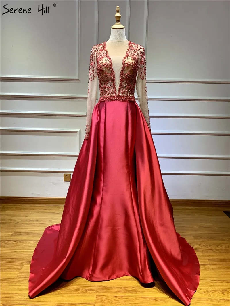 Розовое красное сатиновое вечернее платье с длинными рукавами и жемчужинами, с глубоким v-образным вырезом, сексуальные модные вечерние платья Serene Хилл LA6312