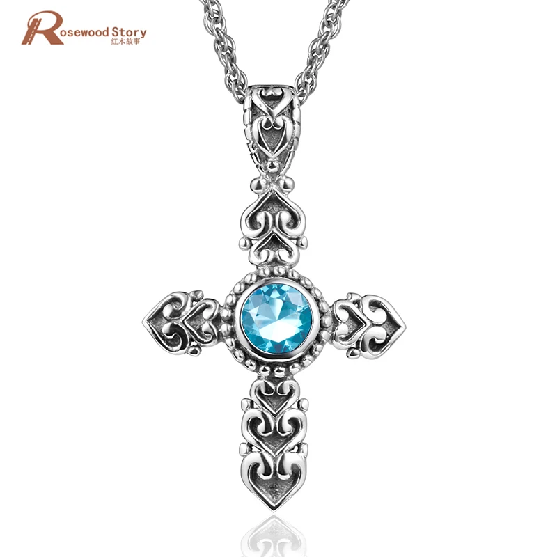 

Charm Vintage Soild 925 Sterling Silver with Austrian Crystal Lab Aquamarine Fashion Cross Pendant Necklace For Women Jewelry