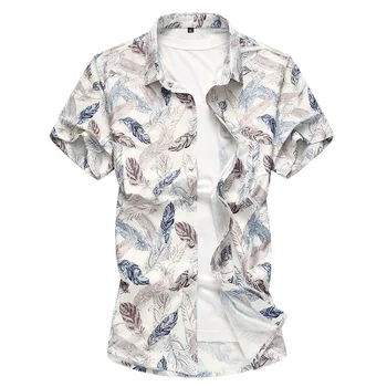 

Nice Plus Size 7XL Male Short Sleeve Shirts New Fashion Casual Floral Feather Print Turn-Down Collar Men Summer Blouse