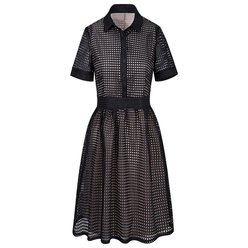 INDRESSME повседневное женское платье трапециевидной формы с отложным воротником и коротким рукавом, модное женское мини платье с вырезом, Vestidos, распродажа - Цвет: Черный