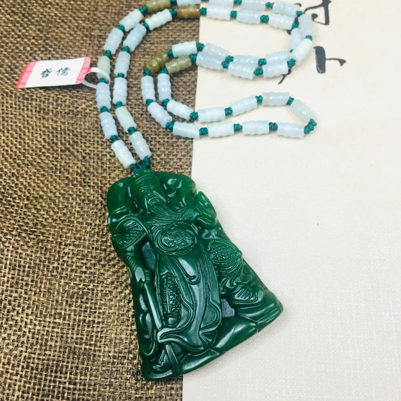 

Zheru Jewelry Pure Natural Jasper Carving Station Guan Gong Pendant Three-color jadeite jade necklace Send A-level certificate