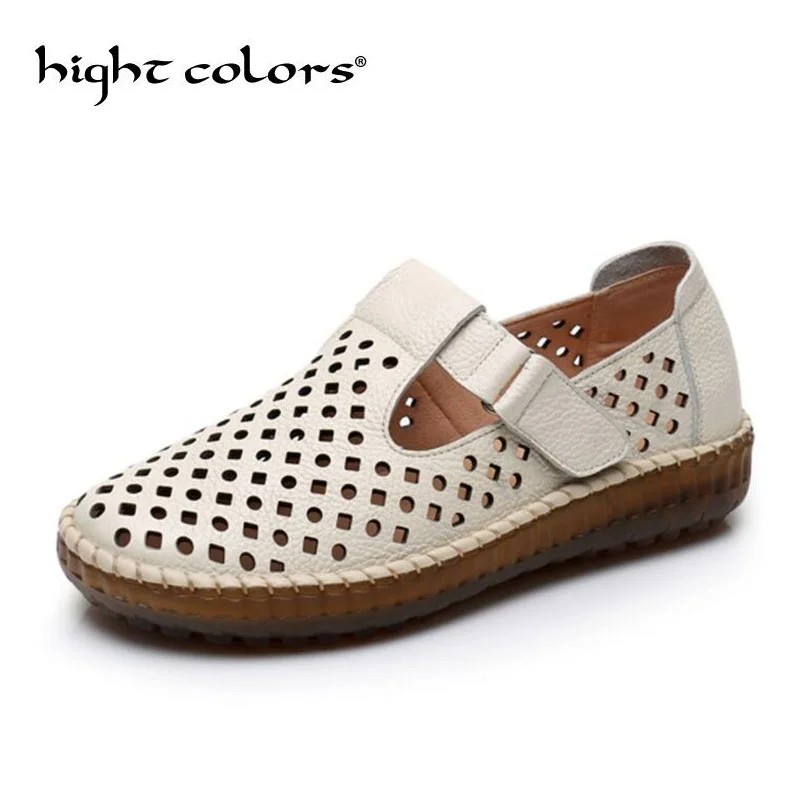 

Summer new casual mother sandals genuine leather soft bottom hollow breathable ladies fat feet flat shoes non-slip hole shoes