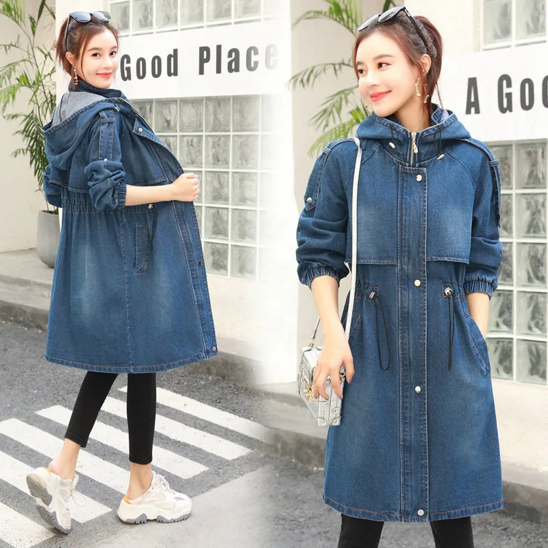 jeans jacket women Джинсовая куртка с капюшоном, Женская винтажная ветровка большого размера, весна-осень, Повседневная Свободная приталенная Женская длинная куртка, пальто f324 - Цвет: jeans jacket women