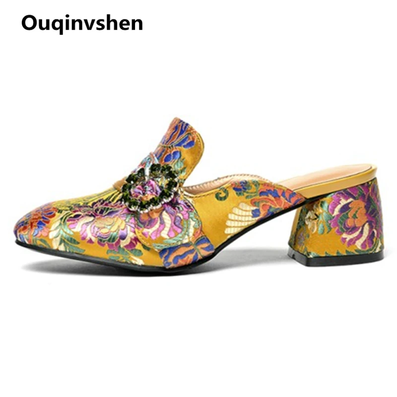 Ouqinvshen Embroider Mules Shoes Women Big Size 34-43 Round Toe Square Heel Party Summer Slippers Crystal Fashion Women Heels Ouqinvshen Embroider Mules Shoes Women Big Size 34-43 Round Toe Square Heel Party Summer Slippers Crystal Fashion Women Heels