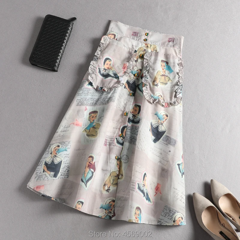

2019 spring summer new fashion Slim Temperament portrait Print half Skirt female High A-line single breasted Pencil Skirt