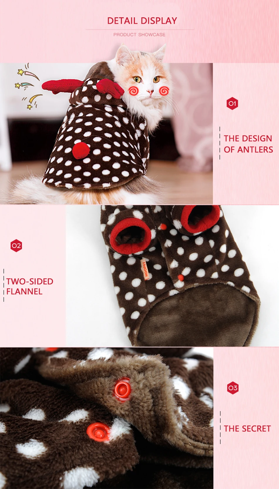Hoopet Novelty Cat Winter Clothes Elk Reindeer Costume Polar Fleece Thermal Warm Kitten Christmas New Year Clothes Muppet Cloth (3)