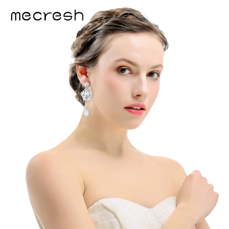 Mecresh элегантные свадебные висячие серьги с искусственным жемчугом для женщин, висячие серьги с цветами и кристаллами, свадебные ювелирные изделия MEH1022