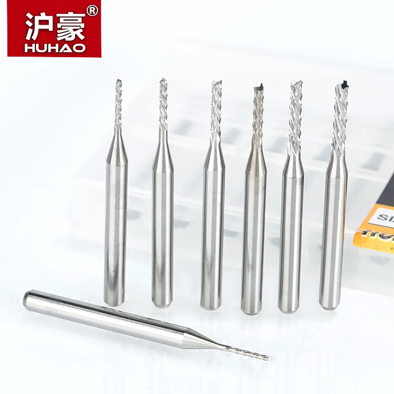 HUHAO 10pc/lot 3.175mm PCB Drill Bit Set PCB Router Bits Left Spiral PCB Milling Cutter Down Cut Corn End Mill Engraving Bit CNC
