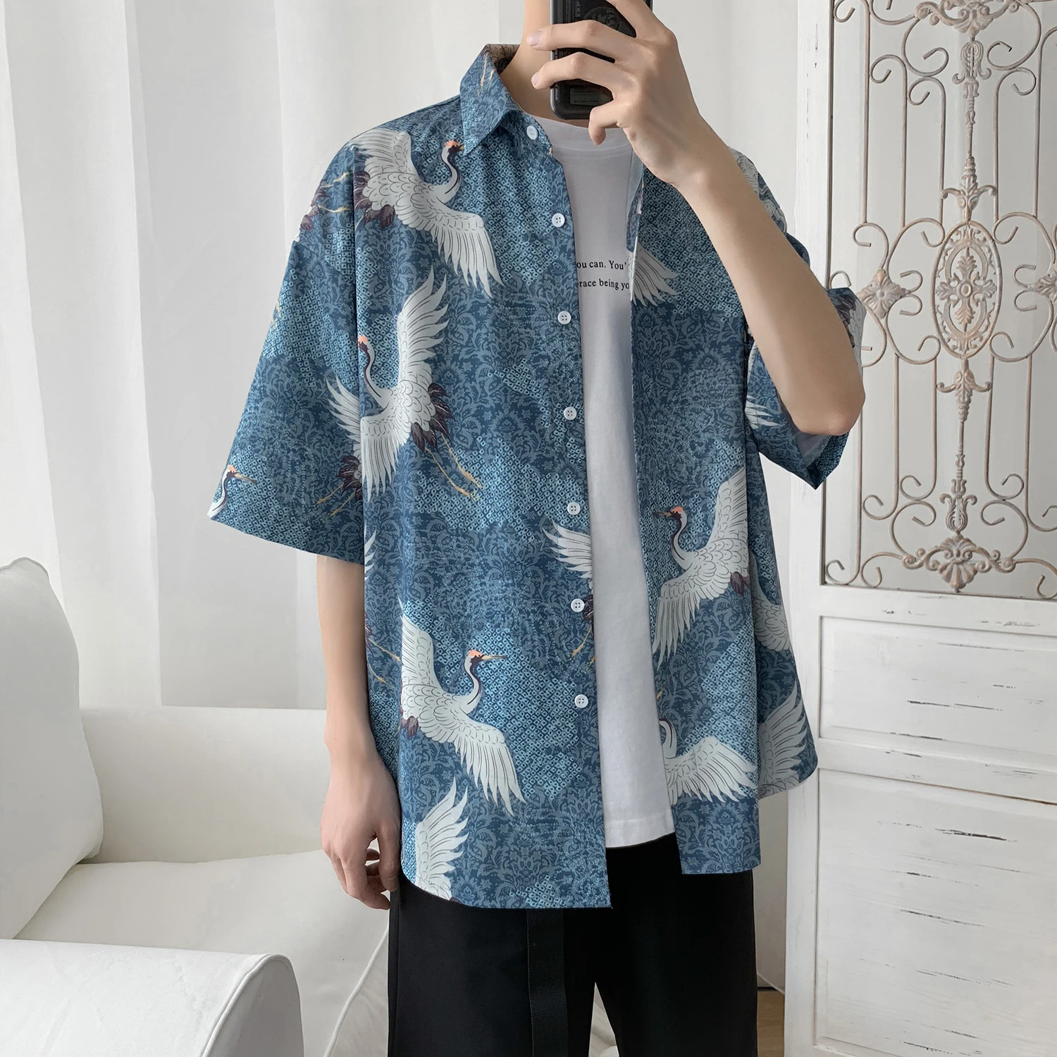 Винтажный Японский журавль, с принтом, с отложным воротником, с коротким рукавом, мужская рубашка 2019, летняя, лаконичная, повседневная