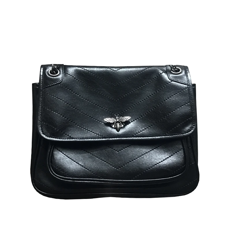 [Hely Coptar] 100%Genuine Leather Oil Wax Cowhide Women Message Bag Chain Bee Lock Soft Vintage Style 2018New Famous Designer 
