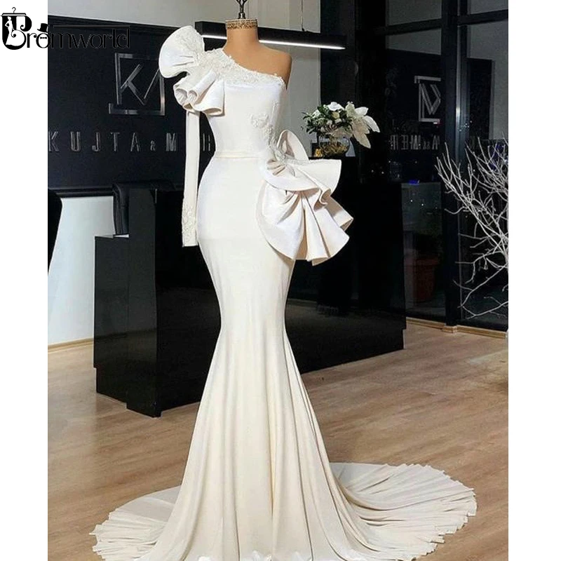 Best Price Mermaid Moslim Avondjurken 2019 Een Schouder Lange Mouwen Lace Wit Formele Jurk Saudi Arabische Lange Elegante Avondjurk