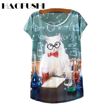2017 New Fashion Summer Women Digital Professor White Cat Printing Loose Casual T Shirt Short Sleeve Harajuku T-Shirt Tops Tee