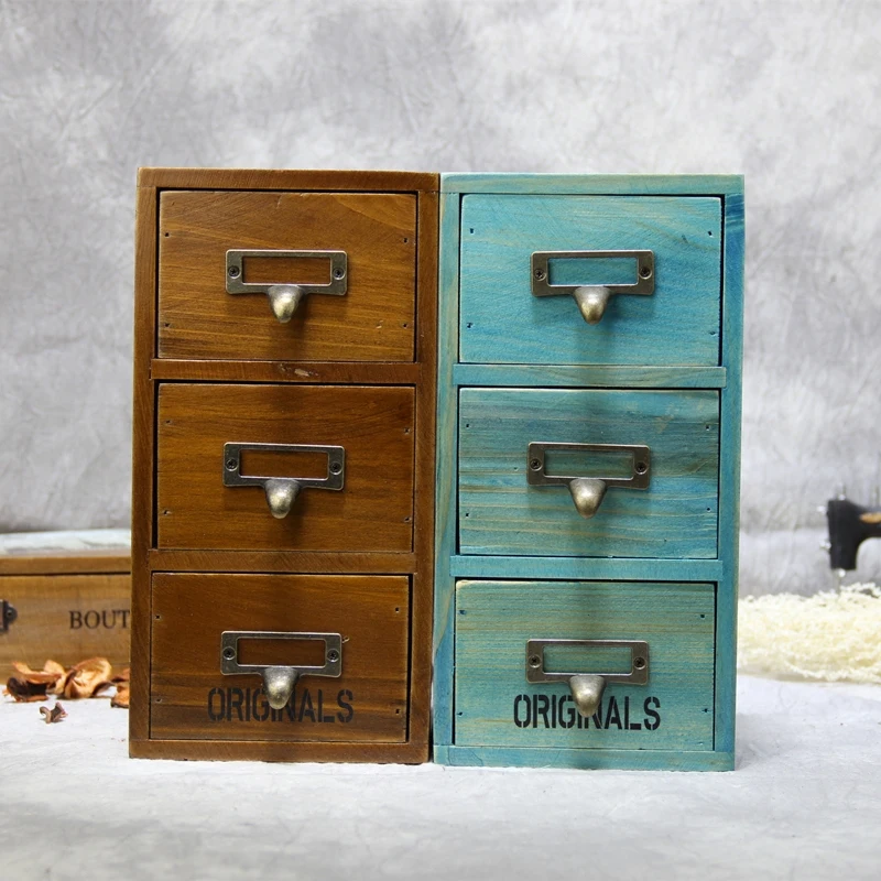 

Retro solid wood storage box locker jewelry box cosmetic case three drawer storage cabinet desktop finishing