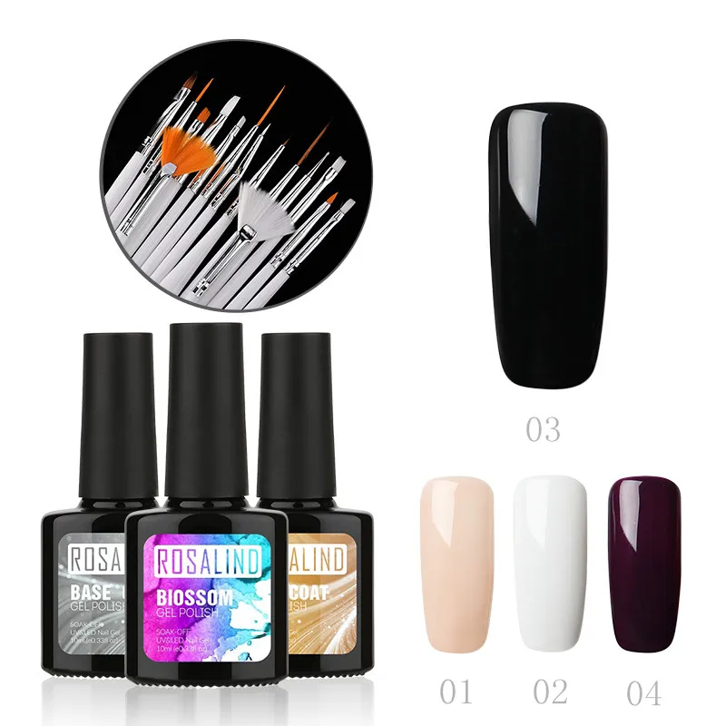 

ROSALIND Gel 1S DIY Blossom Nail Polish 10ml*4PCS Color Gel+1PC Blossom Gel TOP BASE Coat +15PCS Brushes Soak Off gel lacquer