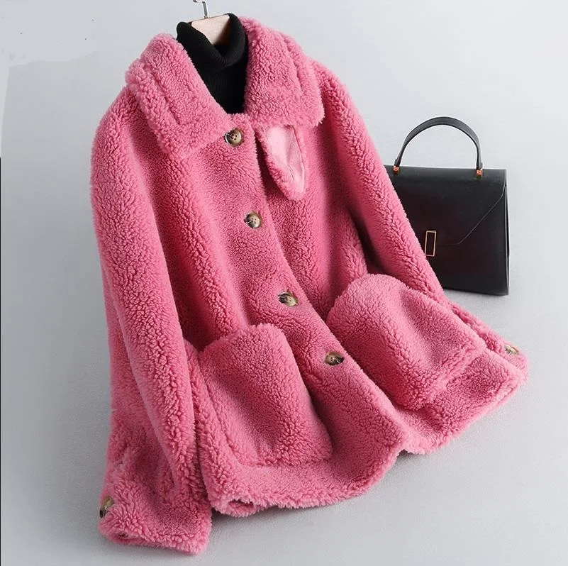 Зимнее плотное теплое пальто с имитацией овечьей шерсти, стриженый мех, женское комбинированное меховое короткое пальто с карманами wq2363, Прямая поставка с фабрики - Цвет: rose red