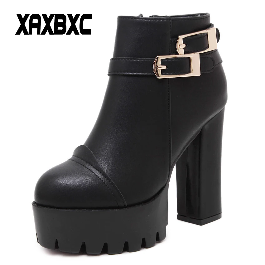 

XAXBXC 2018 Retro British Spring Winter Platform Boots Thick High Heels Short Ankle Boots Warm Women Casual Ladies Shoes