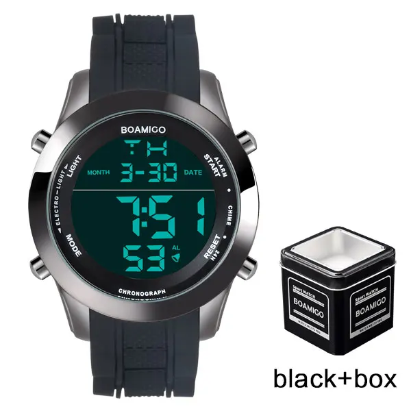 Мужские часы, модные спортивные цифровые часы, черные водонепроницаемые резиновые наручные часы с большим циферблатом, светодиодный дисплей, подарочные часы, reloj hombre - Цвет: black with box