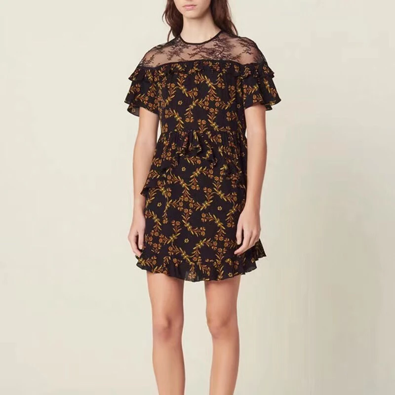 women lace patchwork retro print ruffles dress 2019 new o