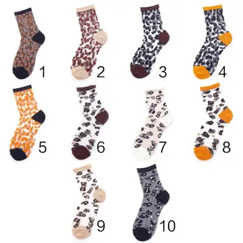 

Lady Women Vintage Leopard Contrast Color Thin Long Crew Socks See Through Mesh Patchwork Crystal Fiber Breathable Tube Hosiery