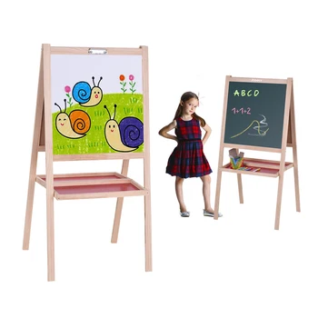 

Folding Kids Wooden Double-sided Art Easel with Magnetic Dry-erase Board on One Side Chalkboard Learning Education Toys for Kids