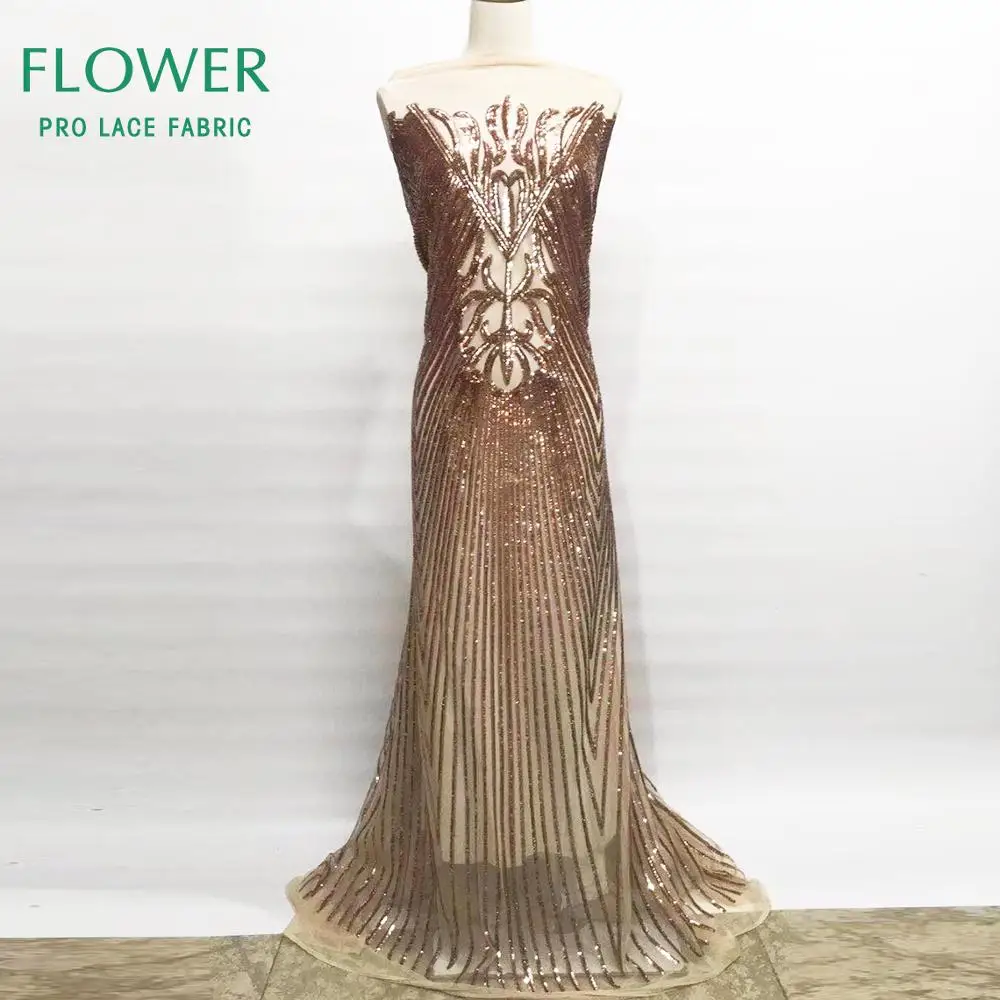 

Champagne Gold Sequins Net Lace Farbics Rose Gold Sequined Embroidered Afrian Guinea Noble Lady Sequined Embroidery Net Material