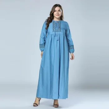 

Women Autumn denim Dress Fashion Abaya Muslim Dubai abayas Round Neck Embroidery Caftan islamic dresses Blue vestidos 4XL