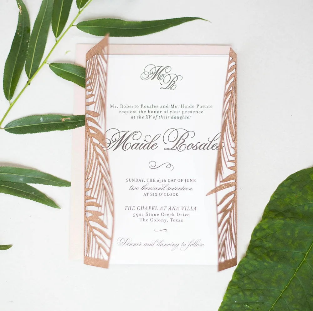 Роза в индивидуальном исполнении золота тропических лазерная резка свадебные приглашения, Пальма стиль приглашения, персонализированные печатные складывающиеся открытки