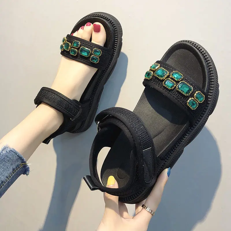

Summer shoes 2019 Fashion Crystal Casual Open Toe Med Heel Basic Green Black With Sandals Ladies Footwear
