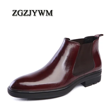 

ZGZJYWM High Quality Fashion Elastic Band Pointed Toe Brand Ankle Boots Casual Genuine Leather Design Men Dress Wedding Shoes