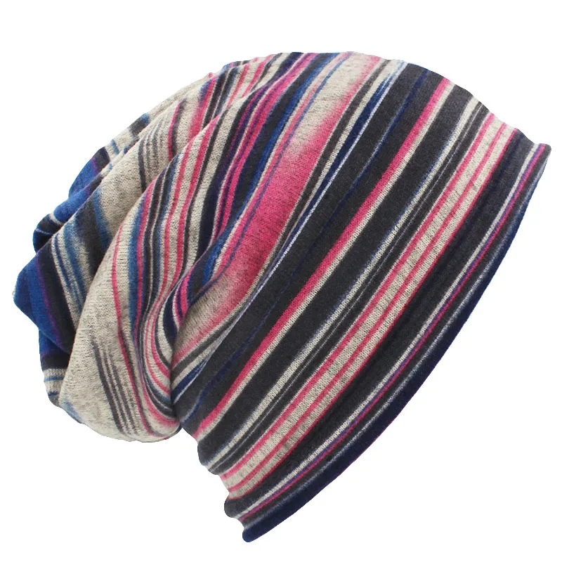 LOVINGSHA Autumn Winter Thin Women Skullies Beanies Striped Design Hats For Men Fashion Feminino Multifunction Scarf HT109 