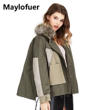 Maylofuer, зимняя женская куртка, натуральный Лисий мех, парка, пуховик, хлопок, с капюшоном, теплые куртки, Женская парка, короткая, темно-зеленая, парка, пальто