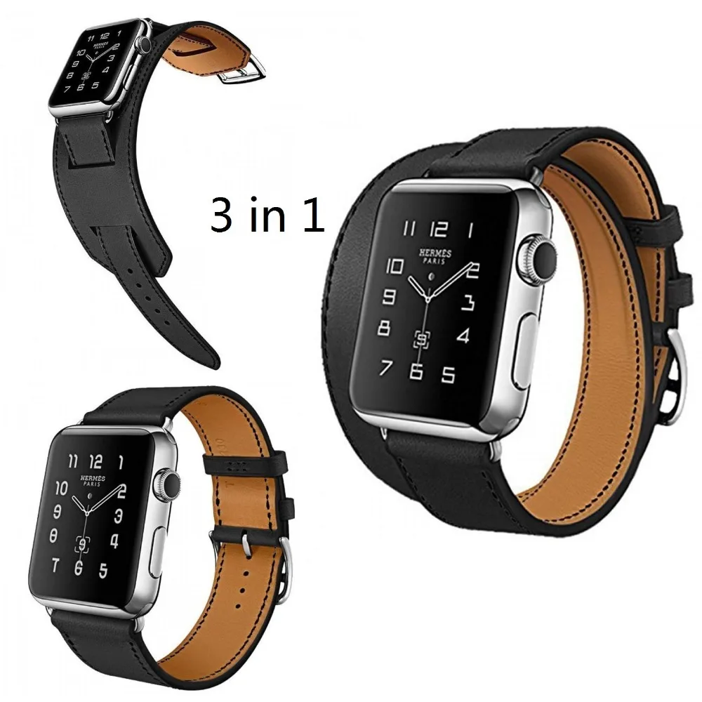 

New 3 in 1 Package Single Tour Double Tour Cuff Genuine Leather Strap For Apple Watch 38mm 42mm With 1:1 Original Metal Adapters