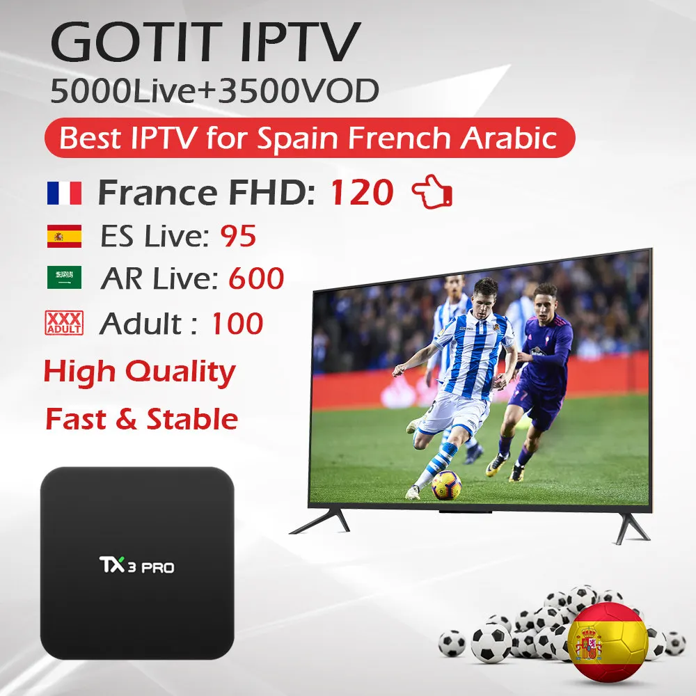 

GOTIT TX3PRO Amlogic S905X Android Smart TV Box+KING IPTV 5000Live 1G/8G 4K 2.4G Wifi Set Top Box French Arabic Spain Adult IPTV