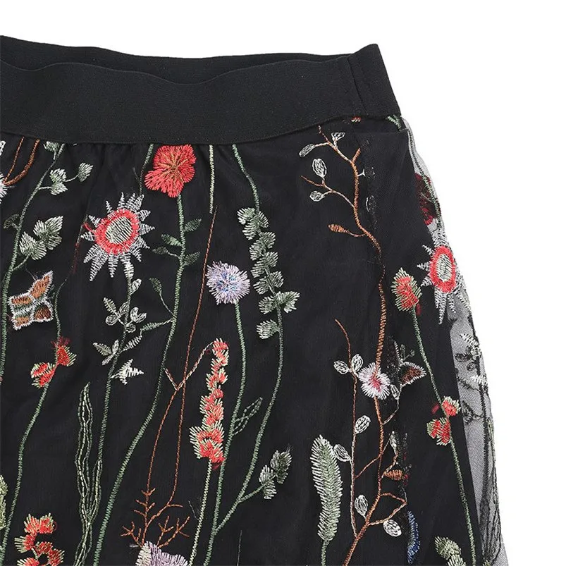 Women Ladies 2019 Summer Fashion Elegant Ladies Sexy Mesh Embroidered Waterweed Black Floral Plus Size Pleated mesh Skirt R24 (7)