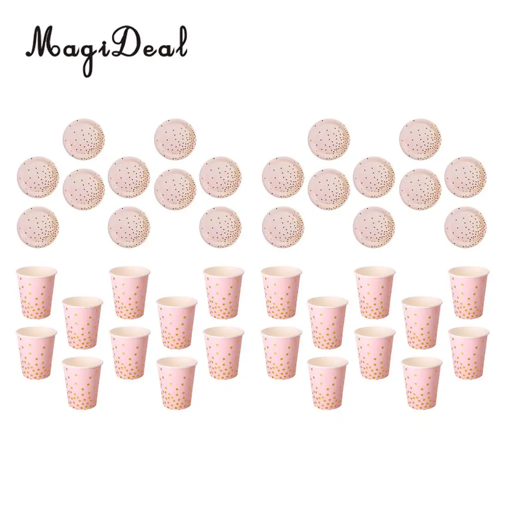 20 Set Glitter Gold Polka Dots Paper Plates and Cups Baby Shower Wedding Birthday Disposable Tableware