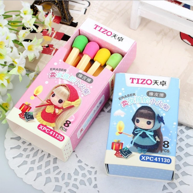 

8Pcs Creactive Matchstick Eraser Colorful Pencil Rubber School Office Stationery