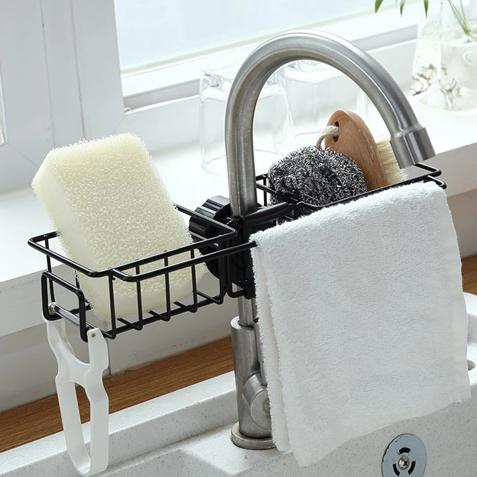 

Double Sides Sink Faucet Holder Sponge Slicer Brush Storage Rack Towel Hanger Kitchen Strainer Draining Rack