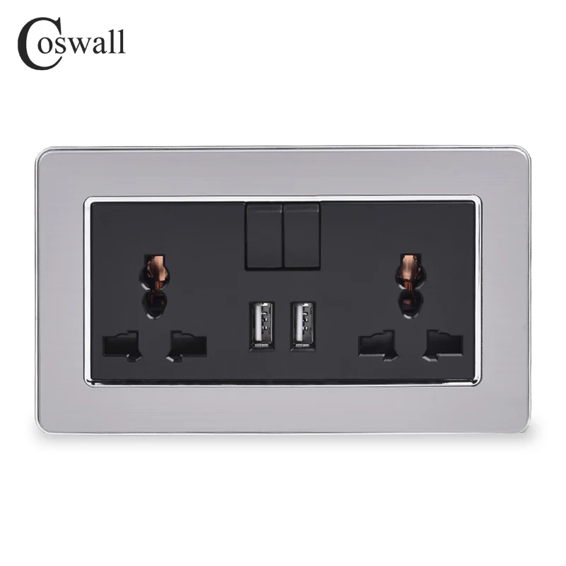 

COSWALL 13A Universal Switched Socket 2 USB Charge Port For Mobile Output 2.1A Wall Outlet Stainless Steel Brushed Panel