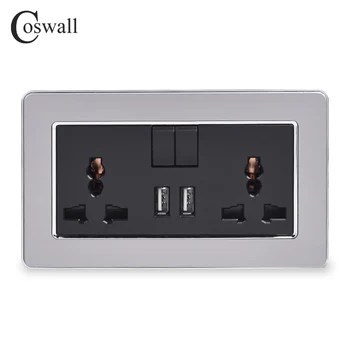 

COSWALL 2 Gang 13A Universal Switched Socket dual USB Charge Port Output 2.1A Wall Outlet Stainless Steel Brushed Panel