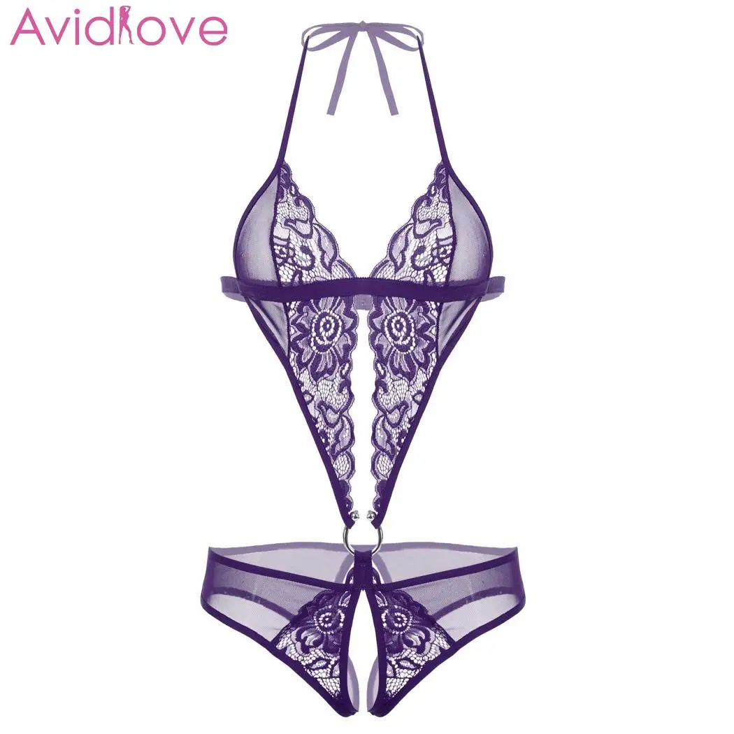 Сексуальное женское белье Avidlove Badydoll, одежда для сна, кружевная одежда с вырезом на крючке, женское нижнее белье без рукавов, сексуальное женское белье из натурального материала - Цвет: Purple