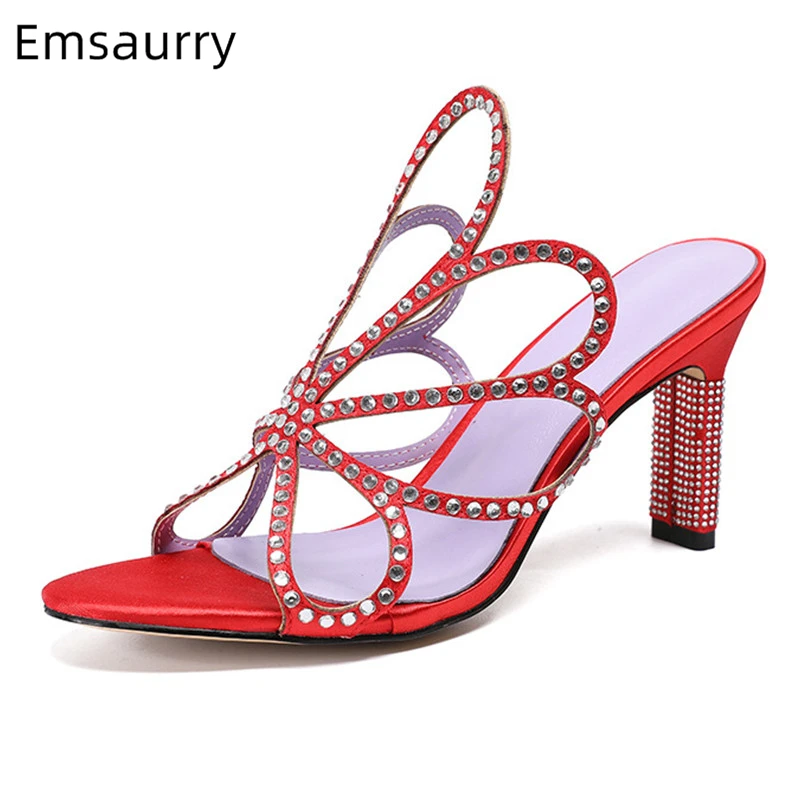 

2019 Luxury Jewelled High Heel Sandals Women New Design Crystal Pansy Netted Slingback Fairy Rhinestone Summer Shoes Woman
