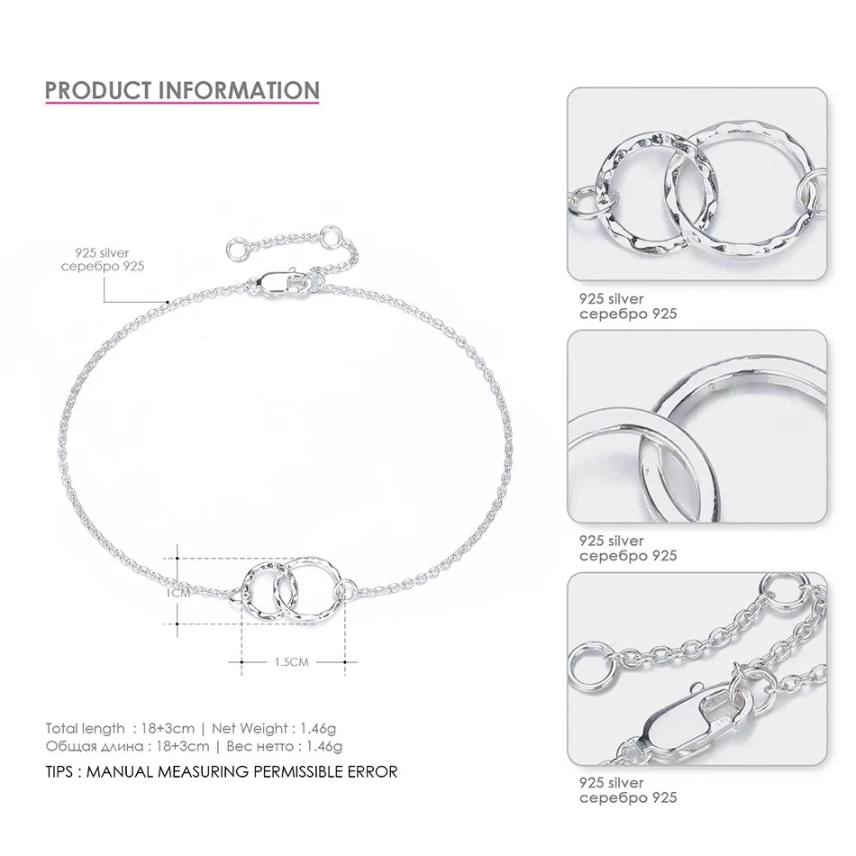 E-манко 925 Браслеты стерлингового серебра простой двойной круг браслеты, браслет дружбы для Для женщин два Цвета Fine Jewelry подарки