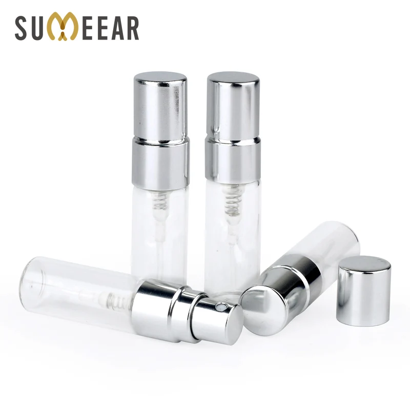 

100PC/Lot 3ml Portable Sample Spray Bottle Transparet Glass Perfume Bottle Atomizer Silver Metal Pump Travel Bottle Container
