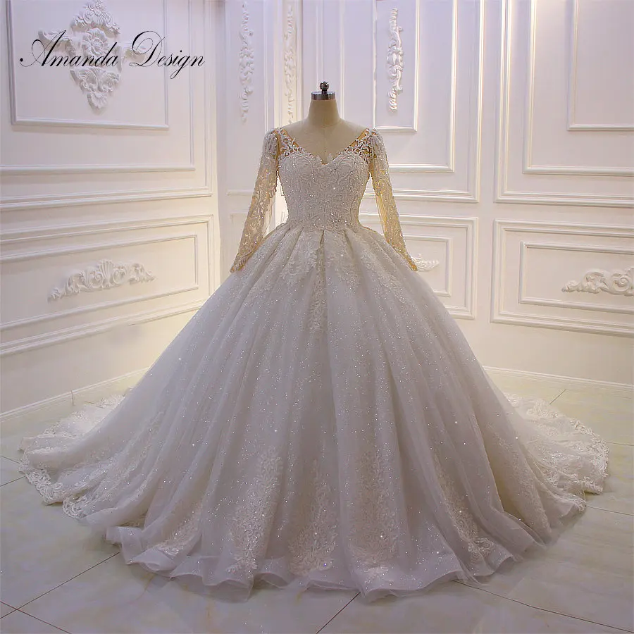 Аманда дизайн suknie slubne v-образным вырезом с длинным рукавом Кружева аппликация Сверкающее свадебное платье