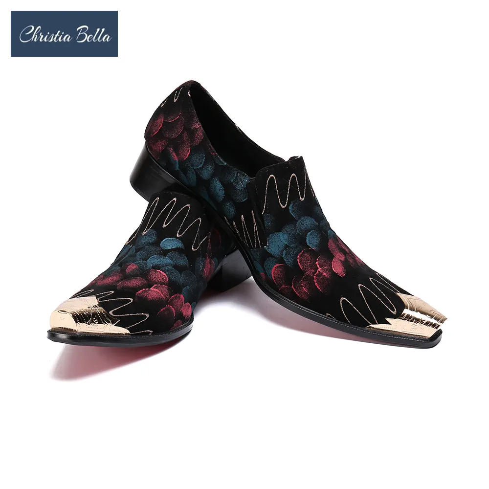 

Christia Bella New Fashion Suede Leather Men Business Shoes Plus Size Stripe Printing Metal Square Toe Formal Dress Shoes