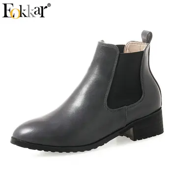 

Eokkar 2019 Black Women Anle Boots Fashion Slip on Winter Boots Square Heel Round Toe Pu Leather Casual Women Boots Size 34-43